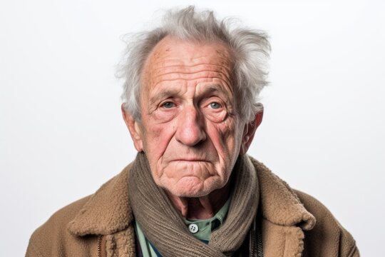 Group portrait photography of a man in his 70s showing tiredness and a worn-down expression due to chronic fatigue syndrome wearing a chic cardigan against a white background 