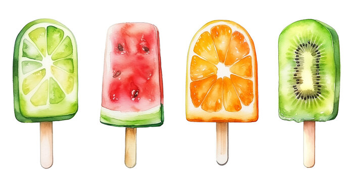 Set of watercolor fruit popsicles isolated on white background.