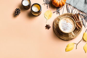 Autumn background with pumpkin spice latte coffee