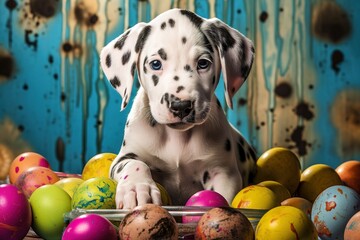 Dalmatian puppy with Easter eggs. Happy Easter.