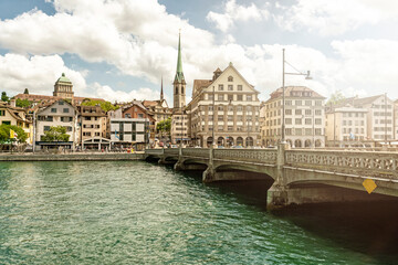 Fototapeta premium Cityscape of Niederdorf on the Limmat in Zurich, Switzerland