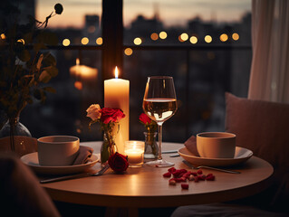 Romantic dinner table setting with a blurry city view at night. 