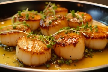 Closeup of pan seared diver scallops with lemon beurre blanc. 
