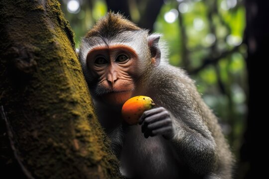 Close up of monkey eating fruit in the jungle. 