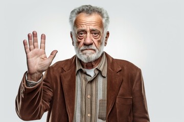 Fototapeta premium Medium shot portrait photography of a man in his 70s with a trembling hand and pained expression due to Parkinson disease wearing a chic cardigan against a white background 