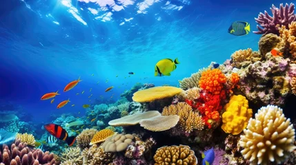 Poster Im Rahmen Ocean coral reef underwater. Sea world under water background. Beautiful view of sea life. Ecosystem. AI photography.. © Oksana Smyshliaeva