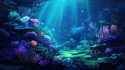 Underwater world scene with colorful coral reef. Under the sea background. Marine Life Landscape. Ocean water world. AI illustration..