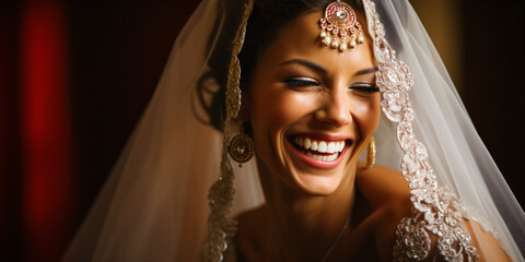 portrait laughing bride in a wedding dress at her wedding