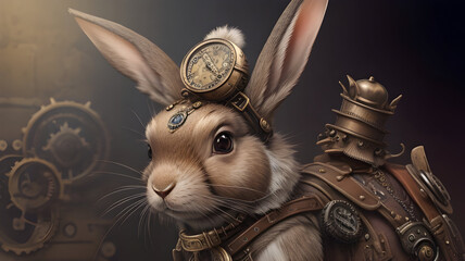 Discover a captivating steampunk rabbit: A whimsical fusion of vintage machinery and enchanting fauna in one intriguing image. - obrazy, fototapety, plakaty