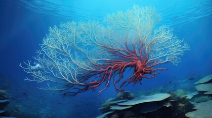 Fototapeta na wymiar Sea fan and coral reef. Marine life, close up underwater background, exotic underwater landscape. AI illustration.