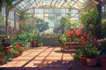 Fototapeta na wymiar anime style background, game background, plants in greenhouse, garden, store, nursery, botanical