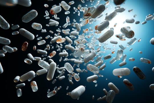 Pills take flight, suspended in whiteness, a health inspired tableau  Generative AI