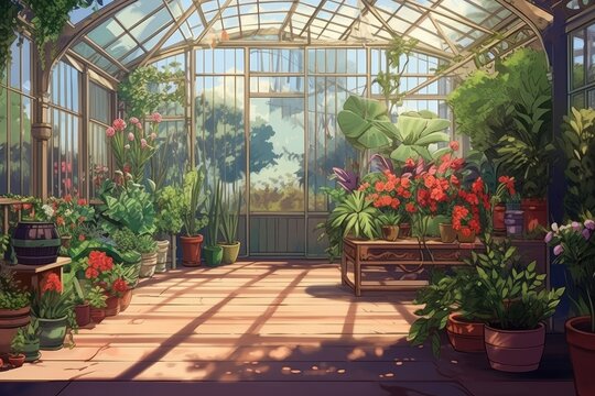anime style background, game background, plants in greenhouse, garden, store, nursery, botanical