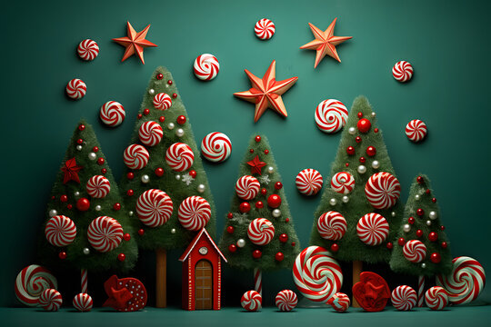 3D christmas background decorated with with red and white peppermints