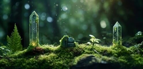 Crystals with moon phases image of moss in a mysterious forest, natural background.  - obrazy, fototapety, plakaty