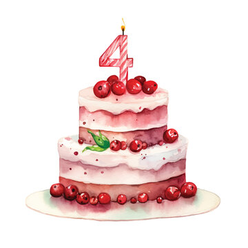  Birthday Cake with number 4 vector watercolor painted ilustration