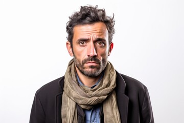 Fototapeta premium Medium shot portrait photography of a man in his 30s with a somber and deeply sad expression due to major depression wearing a foulard against a white background 