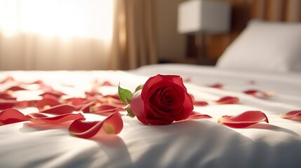 Rose on the bed in the hotel rooms. Rose and her petals on the bed for a romantic evening. honeymoon concept.   - obrazy, fototapety, plakaty