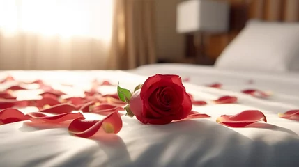 Fotobehang Rose on the bed in the hotel rooms. Rose and her petals on the bed for a romantic evening. honeymoon concept.   © MstAsma