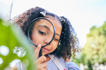 Girl child, magnifying glass and leaves in garden, backyard or park in science, study or outdoor....