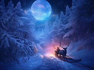 Naklejka premium winter christmas reindeer night santa claus claus sleigh december gift holiday. Generative AI.