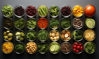 Fresh chopped vegetables in glass jars on a dark background.