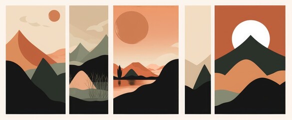 Trendy minimalist abstract landscape illustrations. Set of hand drawn contemporary artistic posters, Generative AI