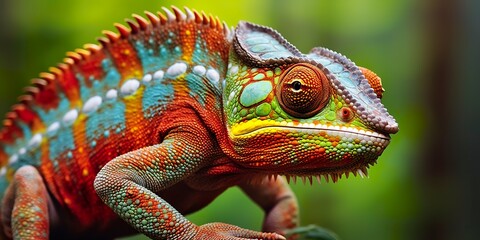 Fototapeta premium A colorful close up chameleon with a high crest on its head. 