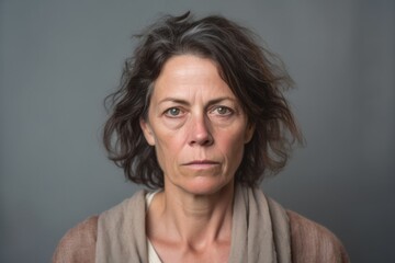 Medium shot portrait photography of a woman in her 40s with a somber and deeply sad expression due to major depression wearing a simple tunic against a pastel or soft colors background 
