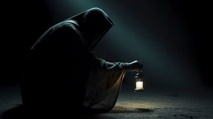 A hooded figure with a lantern searching for something.  - obrazy, fototapety, plakaty