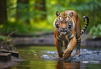 Amur tiger walking in the water. Dangerous animal.  Animal in a green forest stream. 