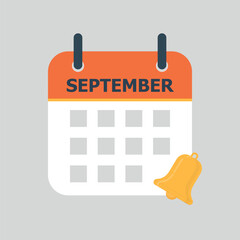 Flat icon reminder back to school in calendar isolated on gray background. Calendar with bell. Vector illustration.