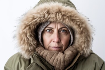 Lifestyle portrait photography of a woman in her 50s looking anxious and fidgety due to generalized anxiety disorder wearing a warm parka against a white background 