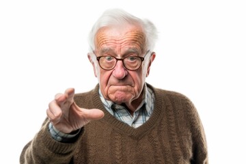Medium shot portrait photography of a man in his 90s looking anxious and fidgety due to generalized anxiety disorder wearing a chic cardigan against a white background 