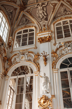 Historical golden white the State Hermitage Museum interiors.  Royal indoor style