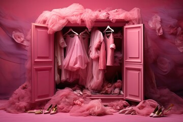 Pink trendy closet, bright Fashion clothes on pink wall background. Many pink dresses hanging on a rack on viva magenta background