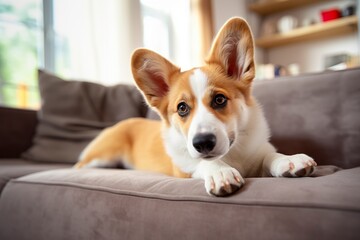 Beautiful, smart, calm purebred corgi dog lying on on sofa in living room. 