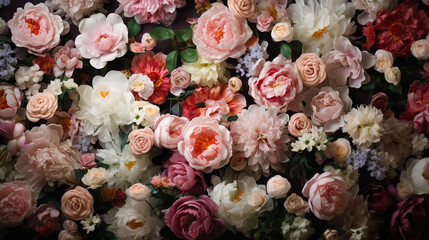 Obraz na płótnie Canvas Enchanted Garden: Peony Roses in Various Colors Nestled Amidst Lush Greenery, Creating a Fairytale Scene 