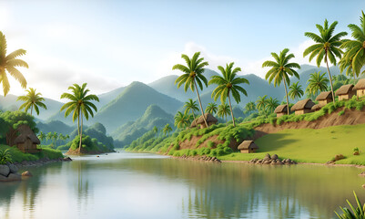 Spring landscape morning in village with green meadow on hills, orang and blue sky, Spring panorama view by the river, Countryside with river,green field,wild flowers and sunset. coconut plantation.