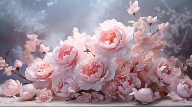 Pastel Dream: Soft-Hued Peony Roses Arranged in a Dreamy Bouquet, Casting a Tranquil Aura 