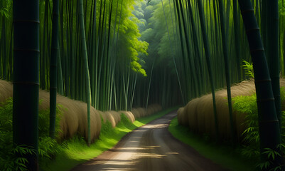 Bamboo forest morning view. Bamboo Bliss, an art piece capturing the tranquil beauty of a bamboo forest. a lush bamboo forest with rays of sunlight filtering through the dense foliage. 