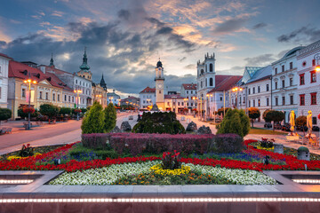 Banska Bystrica, Slovak Republic. Cityscape image of downtown Banska Bystrica, Slovakia with the Slovak National Uprising Square at summer sunrise. - 632981348