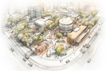 Urban planning sketch highlighting sustainable elements like green spaces, public transportation, and pedestrian zones, 