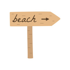 Flat icon wooden road sign to beach isolated on white background. Vector illustration.