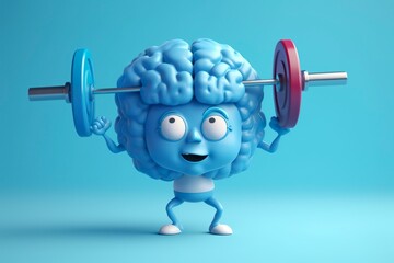 Human brain lifting weights. 3D brain lifting a heavy dumbbell. Mind training, memory health, Alzheimer's prevention, brain training, education, study and menthal health concept. 