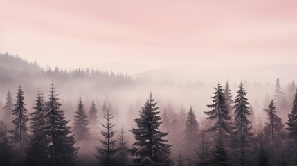 forest with a pink fog and pink Sky