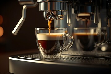 A professional coffee machine preparing an espresso coffee in a glass cup
