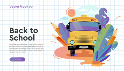 Web banner with school bus on road, checkered paper pattern. Back to school