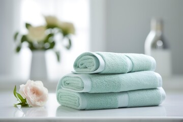 the world's softest towels against a minimalistic background. Stacked white towels sit on top of a soap dish in a bathroom.