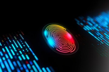 Fingerprint Authentication Button. Biometric Security. Identification and cyber security concept. Glowing neon fingerprint on dark background. AI Generative